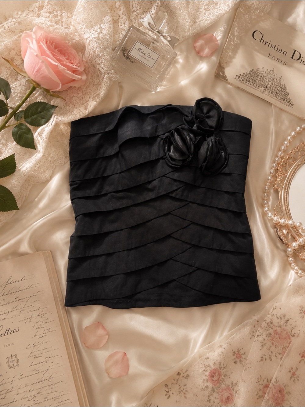 bebe Y2K Black Strapless Rosette Tube Top